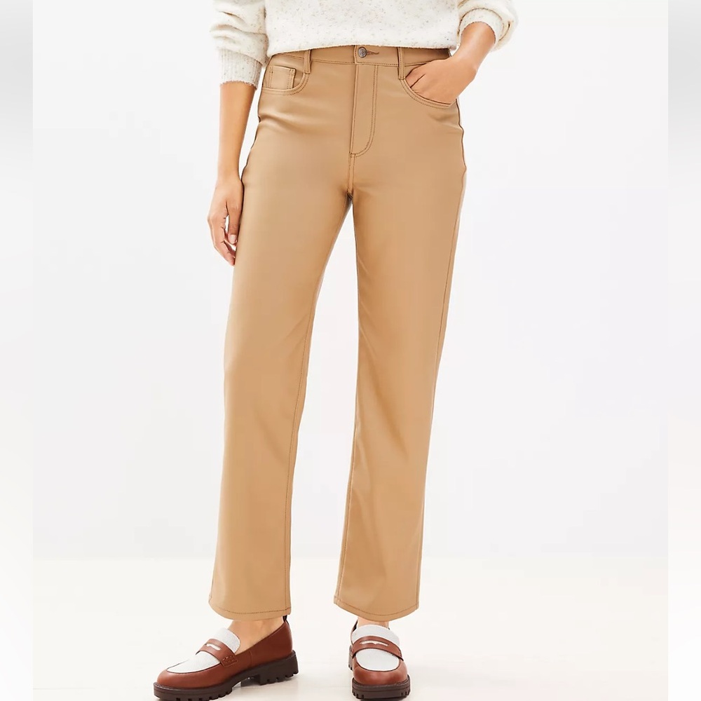 LOFT Classic Tan Five Pocket Straight Pants in Faux Leather Size 30/10